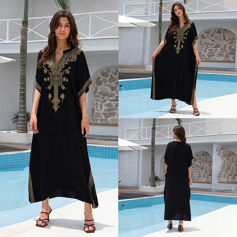 فساتين قفطان طويلة مطرزة باللون الذهبي ورقبة على شكل حرف V فستان قفطان لتغطية الشاطئ للنساء مطرز