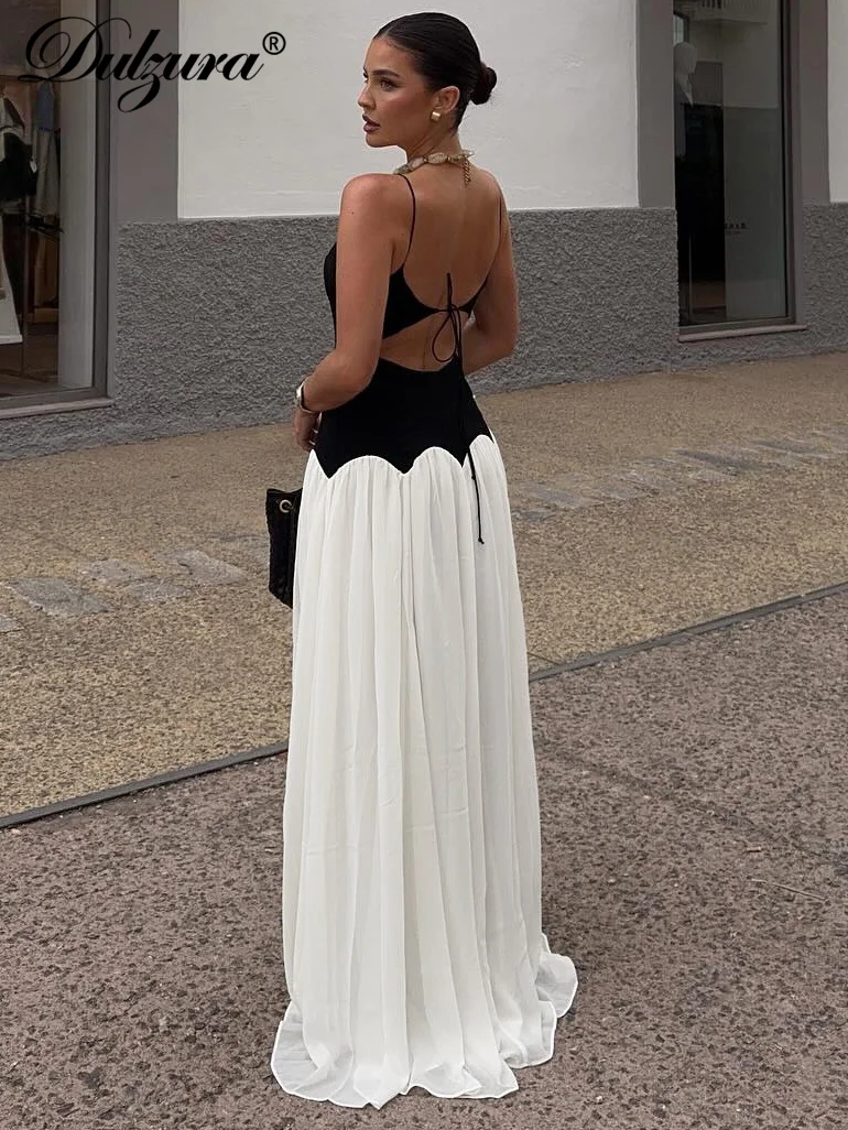 Dulzura Summer Fashion Sexy Backless Lace Up Slim Bretella Abito lungo Casual Elegante Chiffon Patchwork Party Club Abiti da ballo