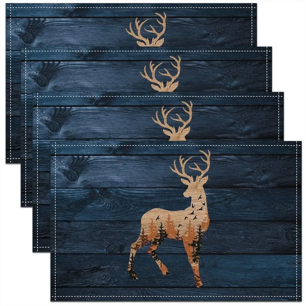 Of 4 Rustic Deer Silhouette Placemats Set Wood Grain Texture Table Mats for Farmhouse Lodge Kitchen Dining Decor