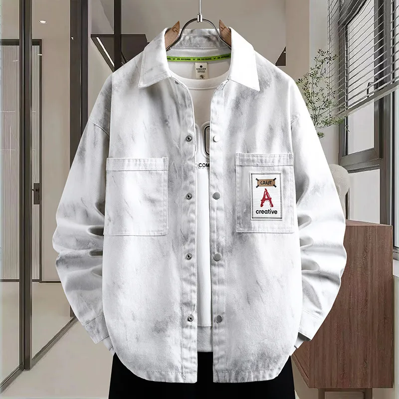 

Spring Autumn Loose Fit Men's Denim Jaet Casual Sle irt American Faion Personali Versatile Long Sve Square Collar