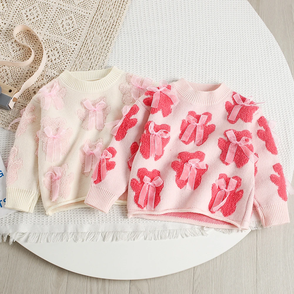 

2025 New Autumn Girls Knitted Sweater Sweet Bear Bow Baby Kids Sweater Pullover Winter Korean Loose Children Outwear Tops