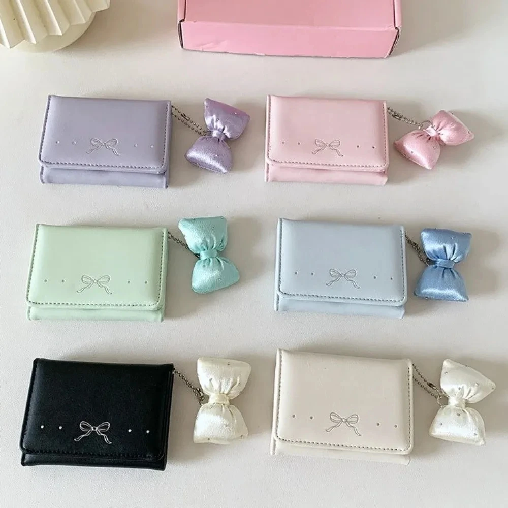 Cute Pendant Bow Wallet Korean Style Solid Color Short Wallet Multi-functional Foldable PU Leather Coin Purse School