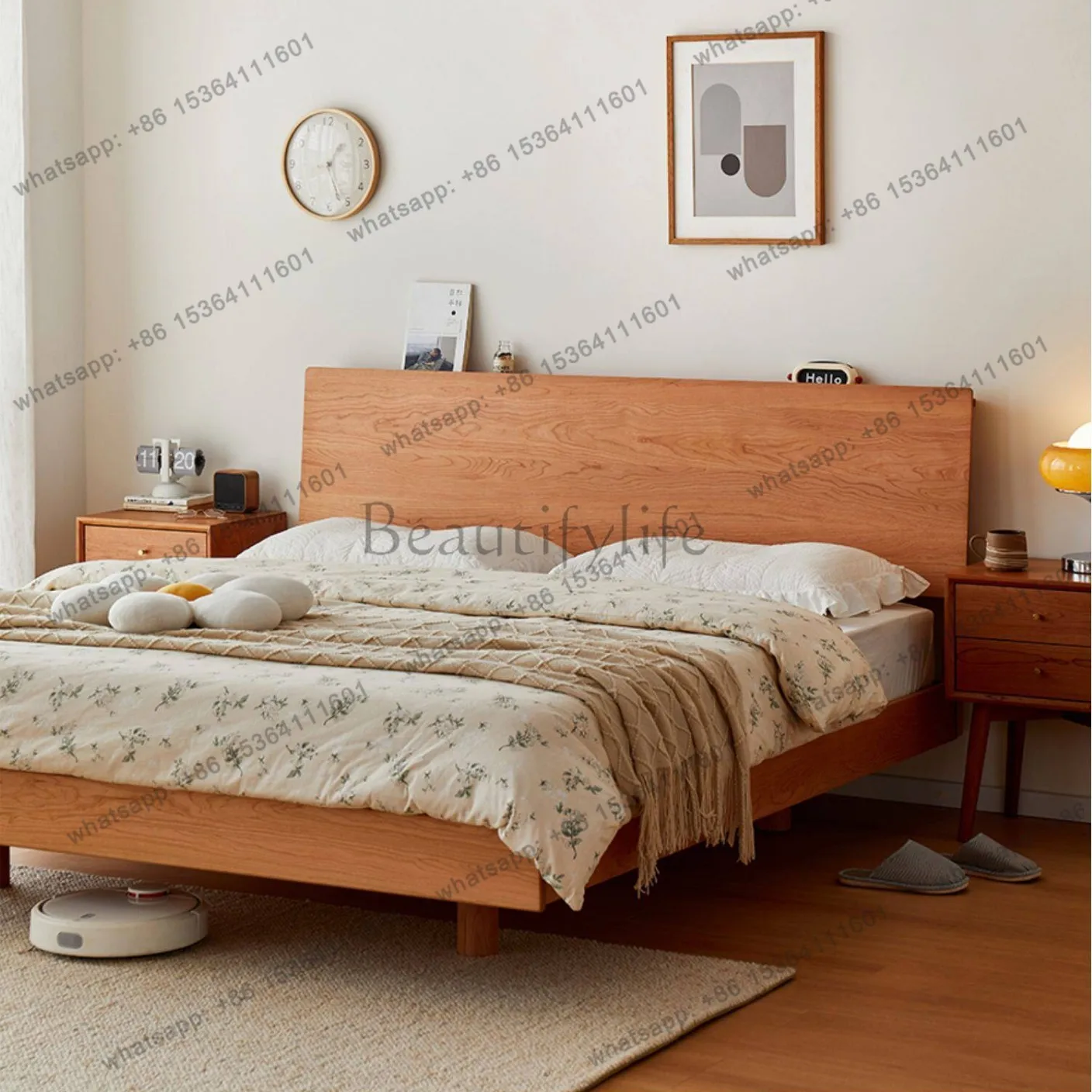 Factory Direct Sales Full Solid Wood Suspension Bed Simple 1.5m Cherry Wood Japanese Style