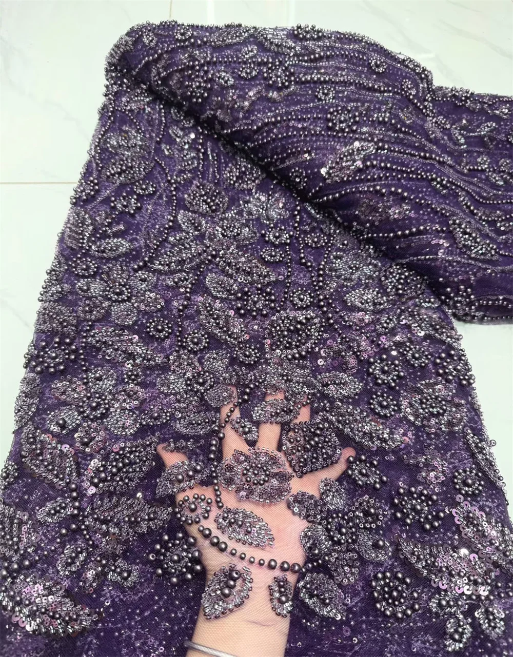 

Luxury African Sequins Beaded Lace Fabric 2025 High Quality Lace 5 Yards Purple French Lace Fabric Nigerian Lace Fabrics H153-1