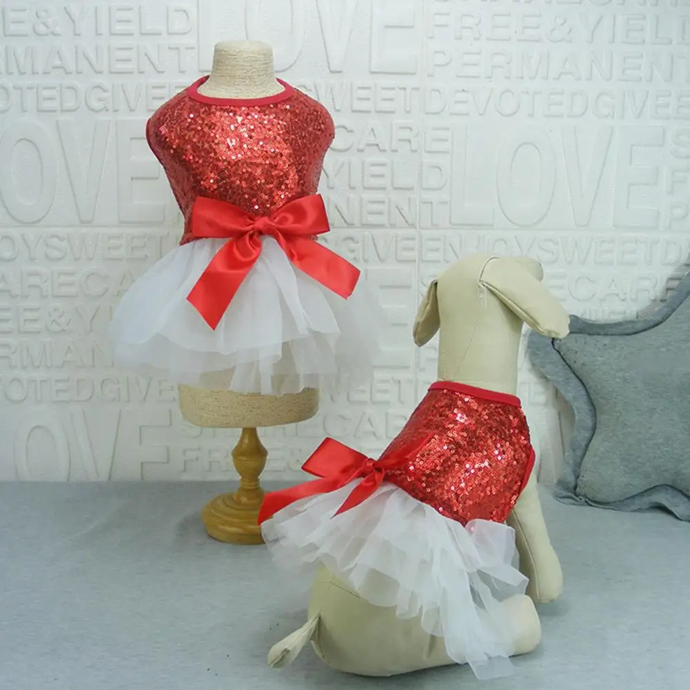 Dog Dress Shiny Fabric Bow Knot Puppy Princess Dress Round Neck Pullover Sleeveless Cat Dresses Pet Apparel For Summer