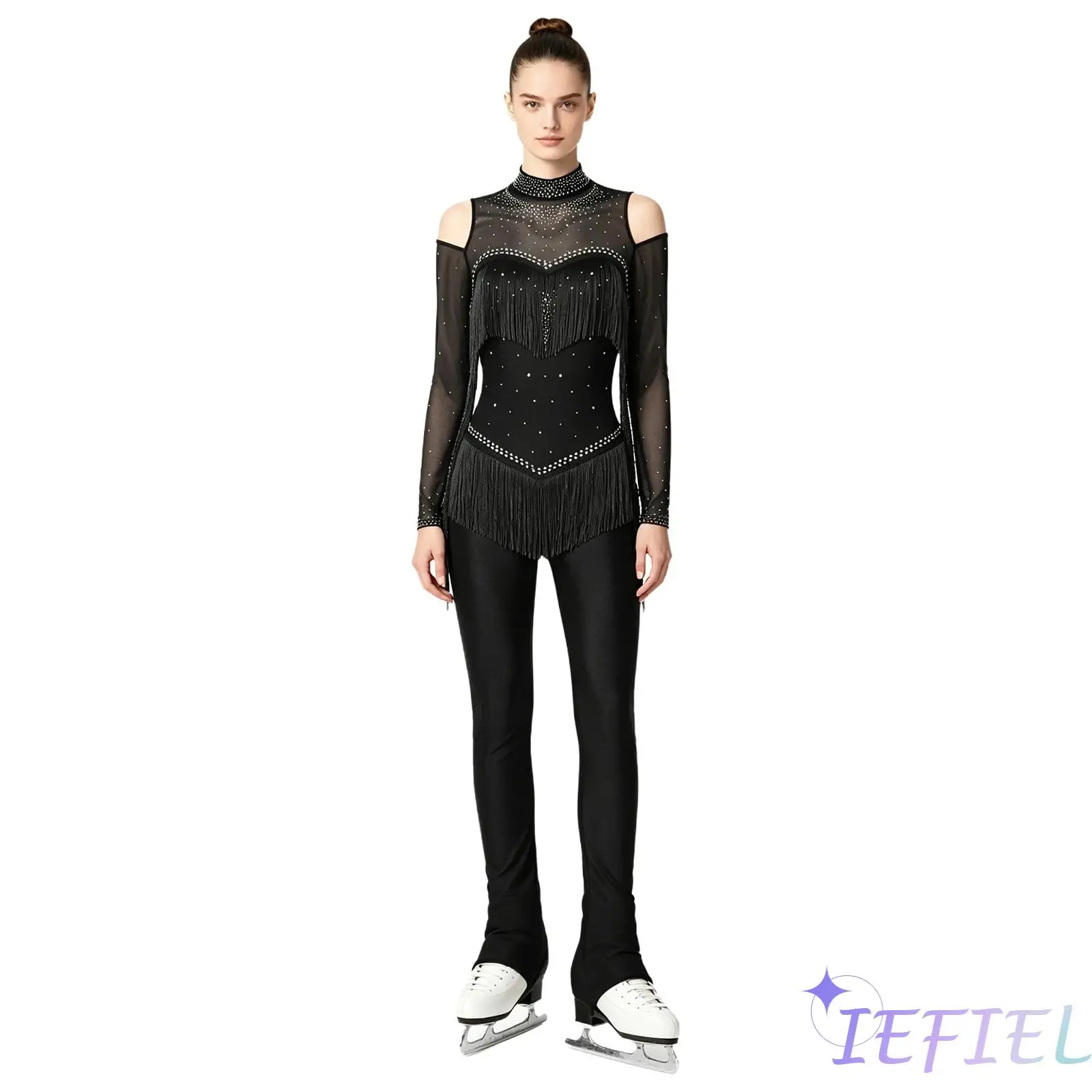 

Glitter Rhinestone Ballet Jazz Dance Romper Clothing for Women Long Sleeve Tiered Tassel Leggings One Piece Bodysuit Jumpsuit