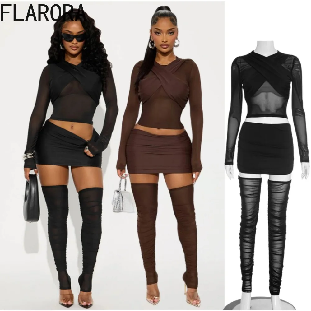

FLARORA Sexy Mesh See Through 3 Piece Set Woman Patchwork Ruched Cross Crop Tops+Skirts+High Socks Suits Midnight Party Clubwear
