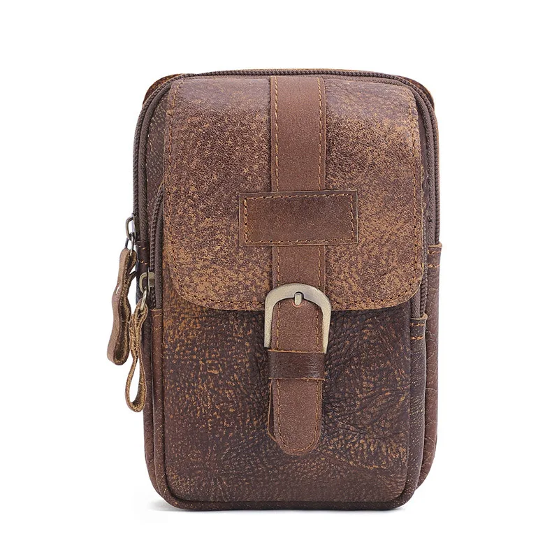 Retro Waist Bag Vintage Wallets Solid First Layer Cowhide Genuine Leather Wallet Basic Daily Zipper Purse Casual Men Phone Bags