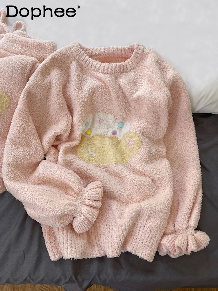 

Милая милая пижама с принтом для девочек, мягкая флисовая пижама с круглым вырезом, осень-зима 202, флисовый комплект с длинными рукавами и длинными штанами, домашняя одежда