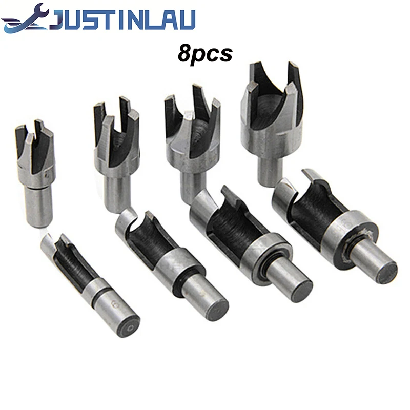 JUSTINLAU 8pcs Wood Plug Cutter Claw Cylinder Tenon Drill Bit Set Straight Tapered Woodworking Cork Drill Bit Knife Cutting Tool