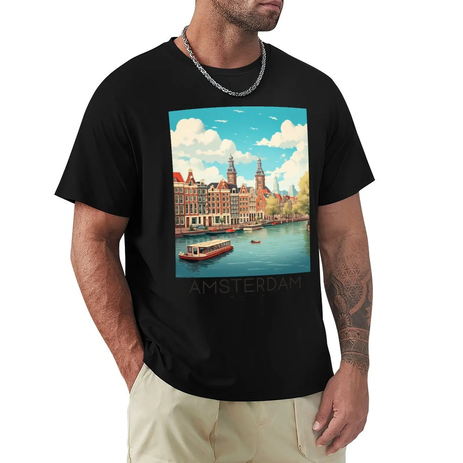 A Vintage Travel Illustration of Amsterdam - Netherlands T-Shirt cotton t shirt pack T-Shirt