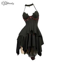 MEOWCOS Women Gothic Black Bat Irregular Backless Halter Top and Ruffle Half Skirt with Gloves Socks Vampire Costume
