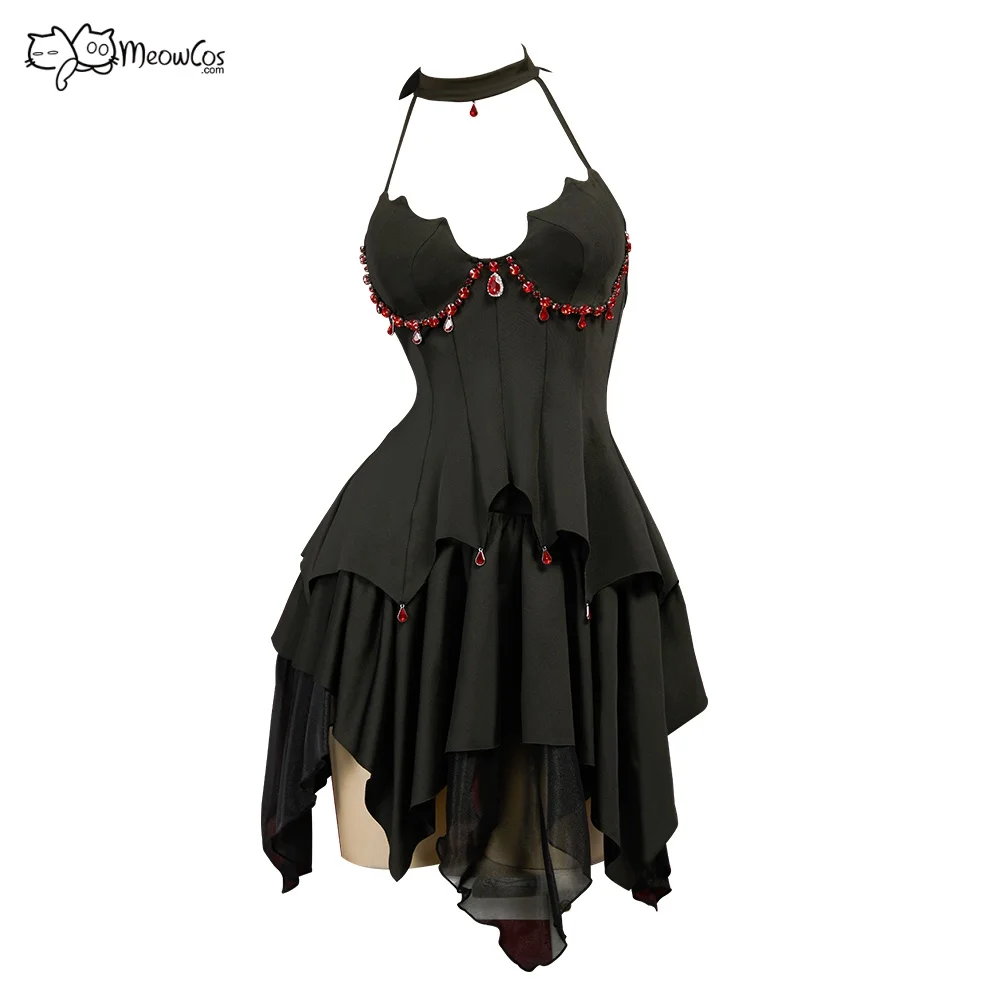 MEOWCOS Women Gothic Black Bat Irregular Backless Halter Top and Ruffle Half Skirt with Gloves Socks Vampire Costume