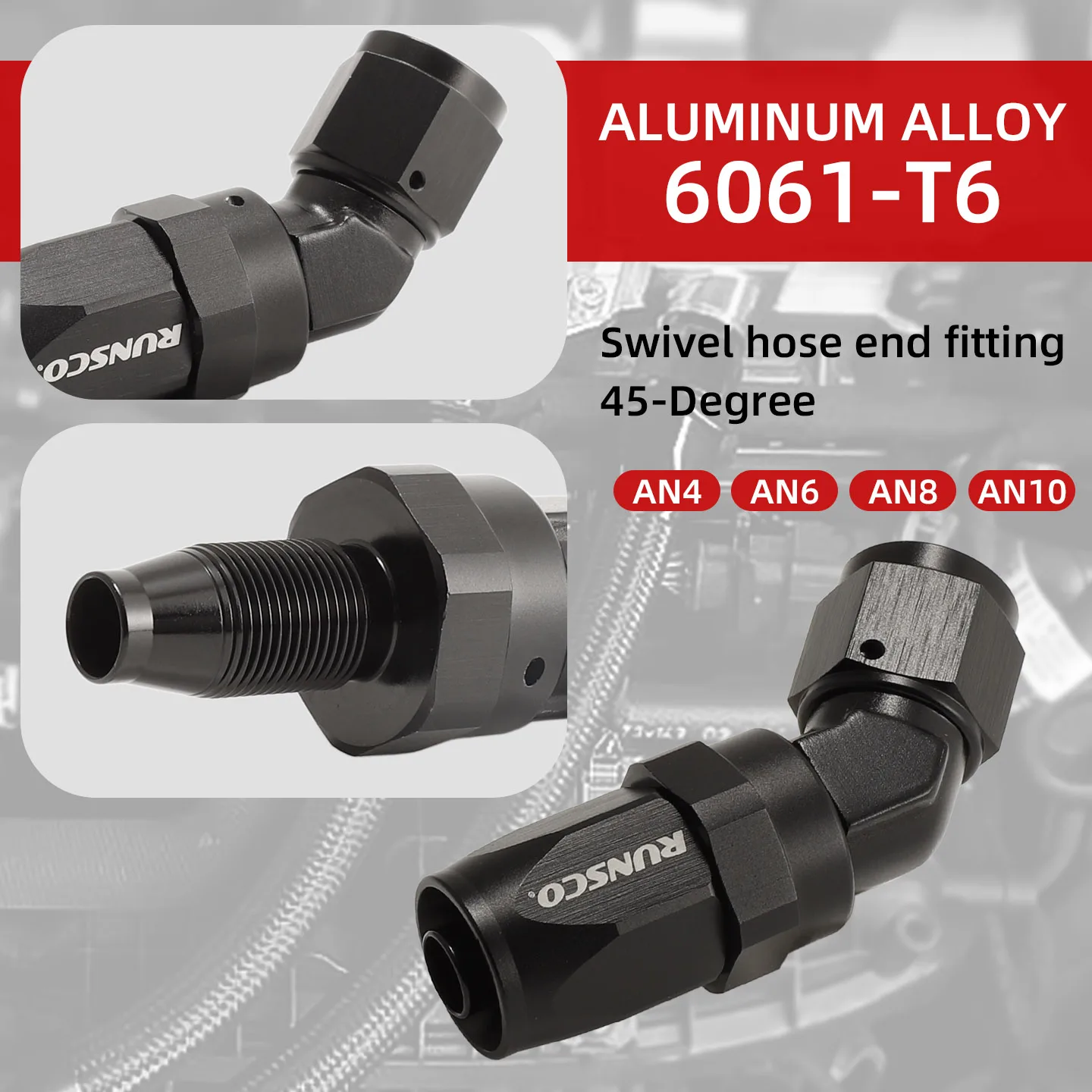 Runsco AN4/AN6/AN8/AN10 Hose End Fitting Swivel Adapter Aluminum Forged Connector Black 45 Degree