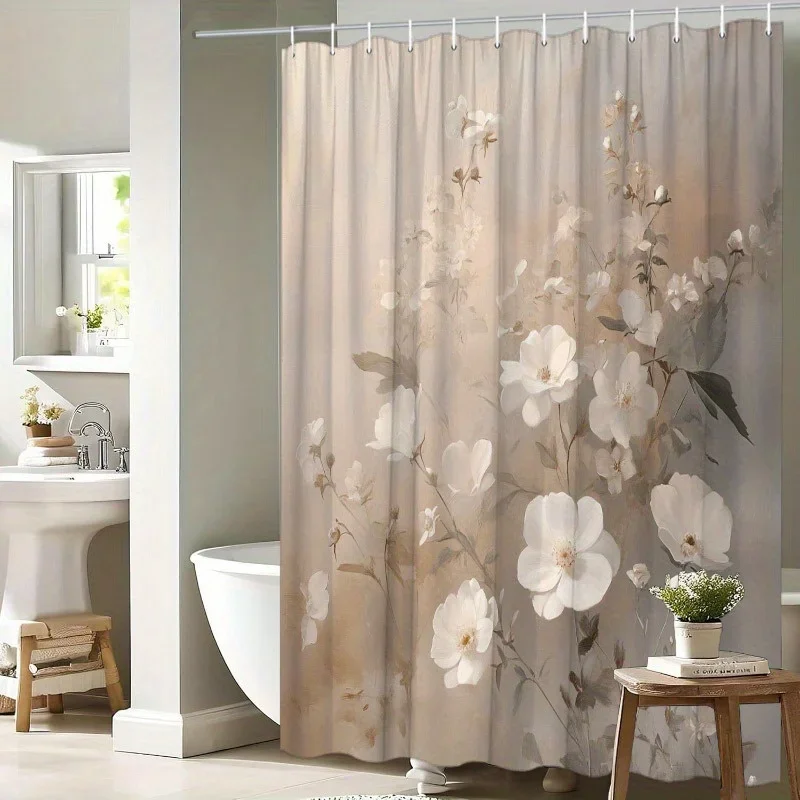 ~O~1pc White Flowers Bouquet Shower Curtain - Elegant Gradient Background, 70.8x70.8