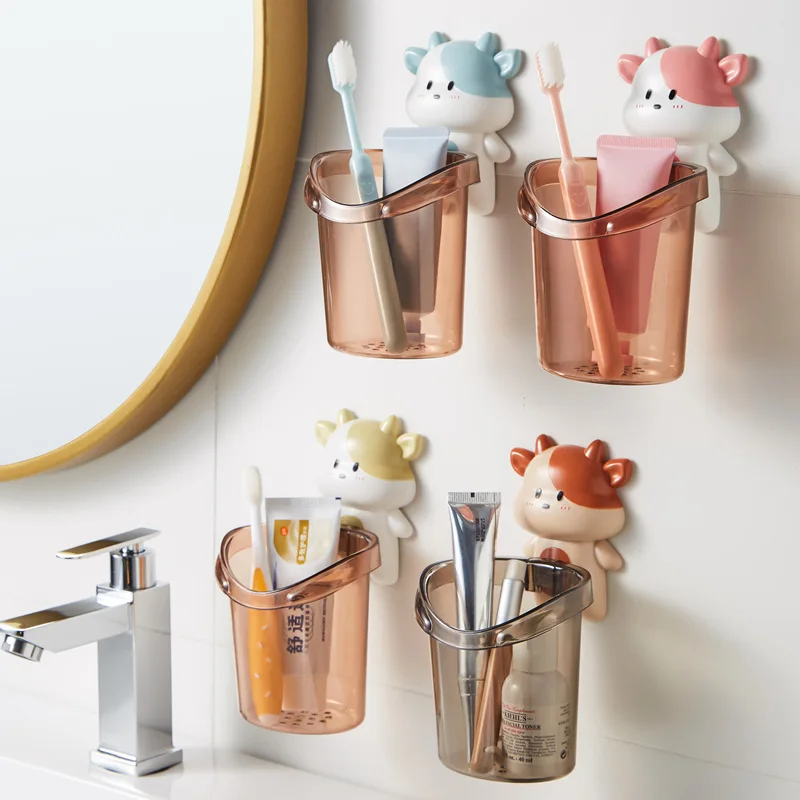 

Cute Cat Shelf Free Toothbrush Holder Bathroom Wall Mounted Toothpaste Toothbrush Storage Bucket Toiletries Rack