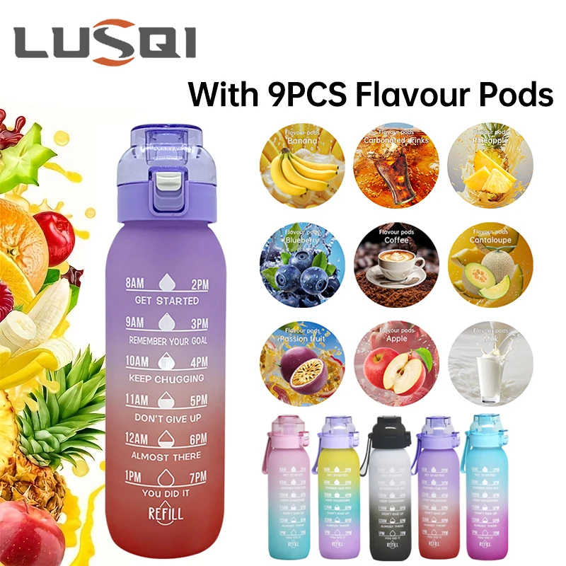 LUSQI 1PC 1000ML Flavor Water Bottle With Straw With 9PCS Flavor Pods Fashion Fitness Water Bottle For Outdoor Activities Sports