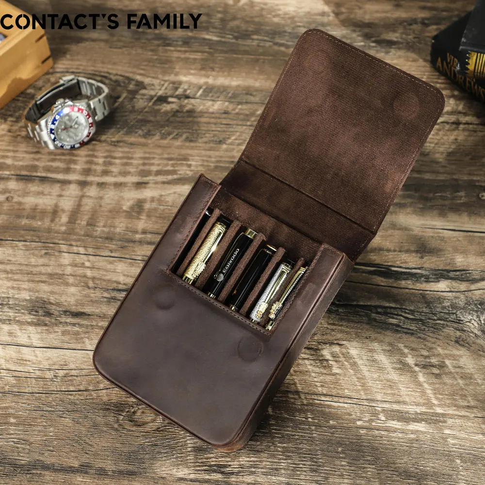 Retro Handmade Leather Pen Case Box 6 Slots Pens Organizer Holder Pouch Adult School Student Cowhide Pencil Bag Automatic Buckle