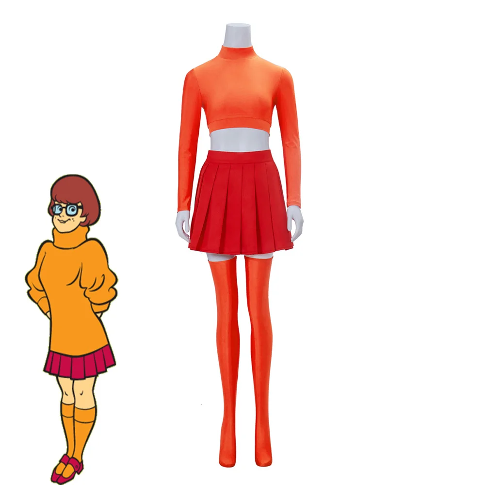 

Anime Velma Cosplay Costume Women Girls Sexy Orange Crop Top Pleated Skirt Halloween Carnival Theme Party Uniform Suits