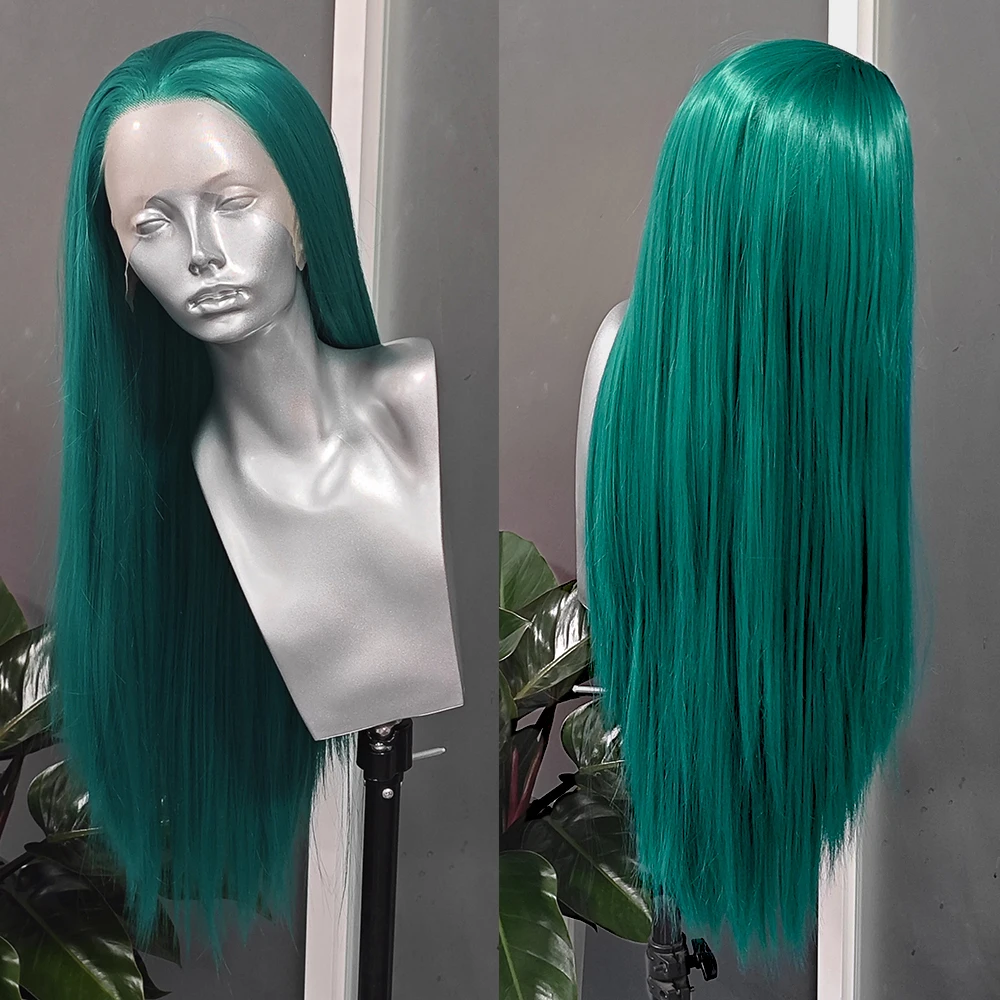 RONGDUOYI Teal Green Color Straight Hair Synthetic Wig Silk Straight Natural Hairline Lace Front Fiber Wigs Women Cosplay Use
