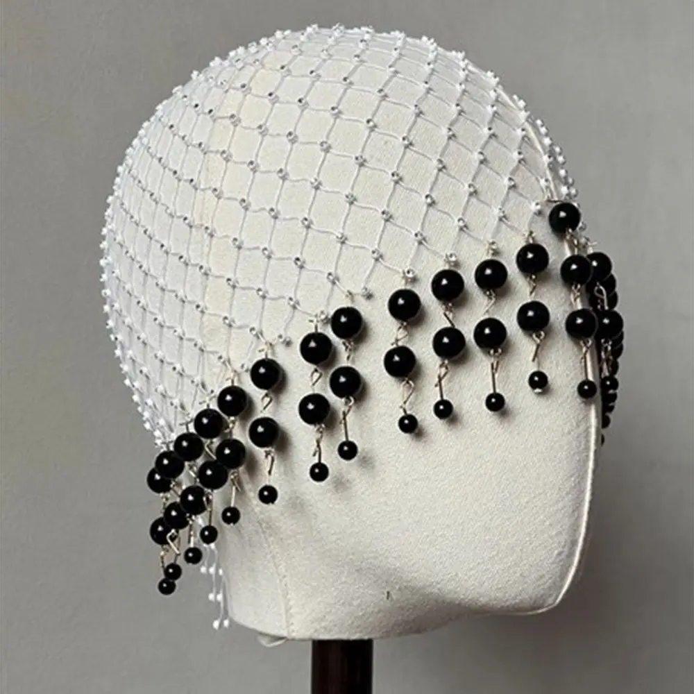 Elegant Pearl Tassel Hair Hat Hollow Out Fishnet Mesh Handmade Pearl Hat Pearl Tassels Beanies Pearl Weave Hat Outdoor Wear