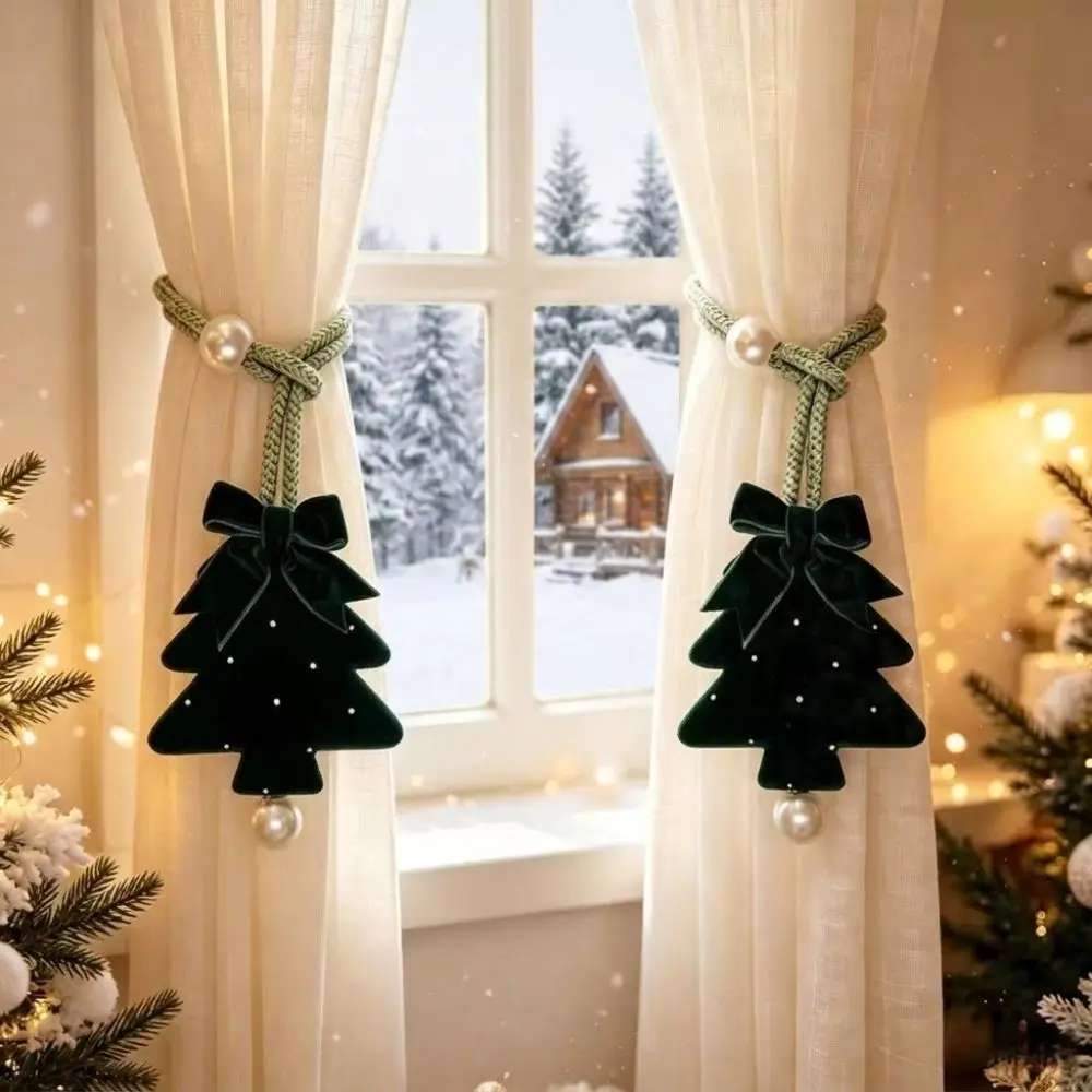 2Pcs Adjustable Christmas Tree Curtain Tieback Braided Cord Pearl Bow Holiday Fabric Curtain Holder Shape-Retentive Plush
