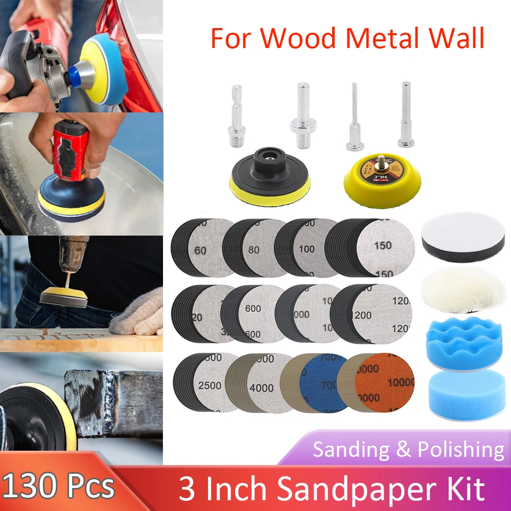 

130 шт., 3-дюймовый набор наждачной бумаги, зернистость 60-10000, листы для влажной и сухой шлифовальной машины с хвостовиком 1/8 дюйма и 1/4 дюйма, опорная пластина M10 для полировки