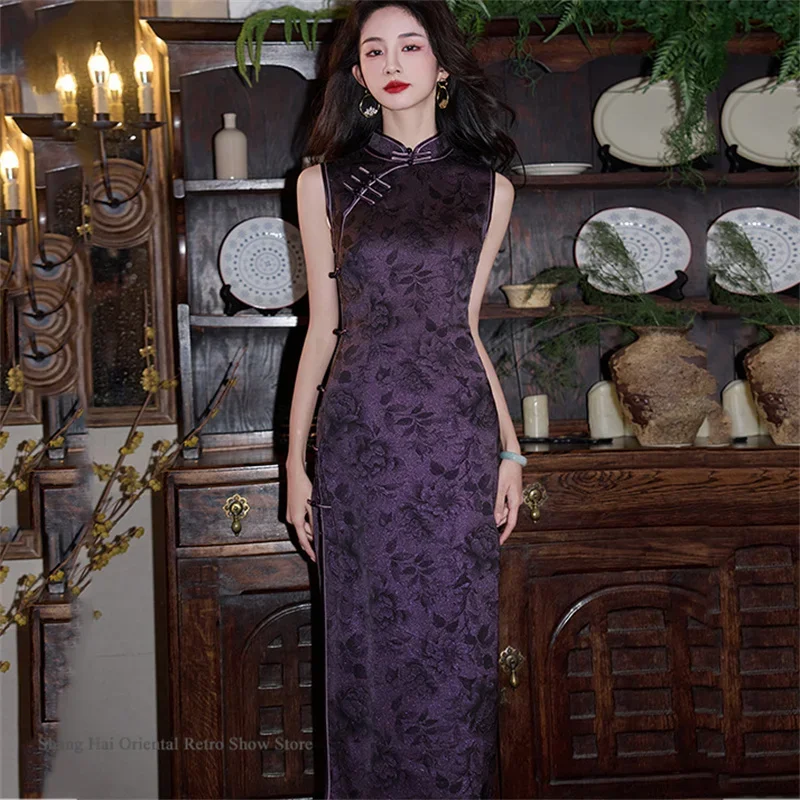 

Традиционное китайское платье Ципао: Новогодний костюм для сценических выступлений, винтажное женское длинное платье-чонсам с принтом, сексуальное китайское платье