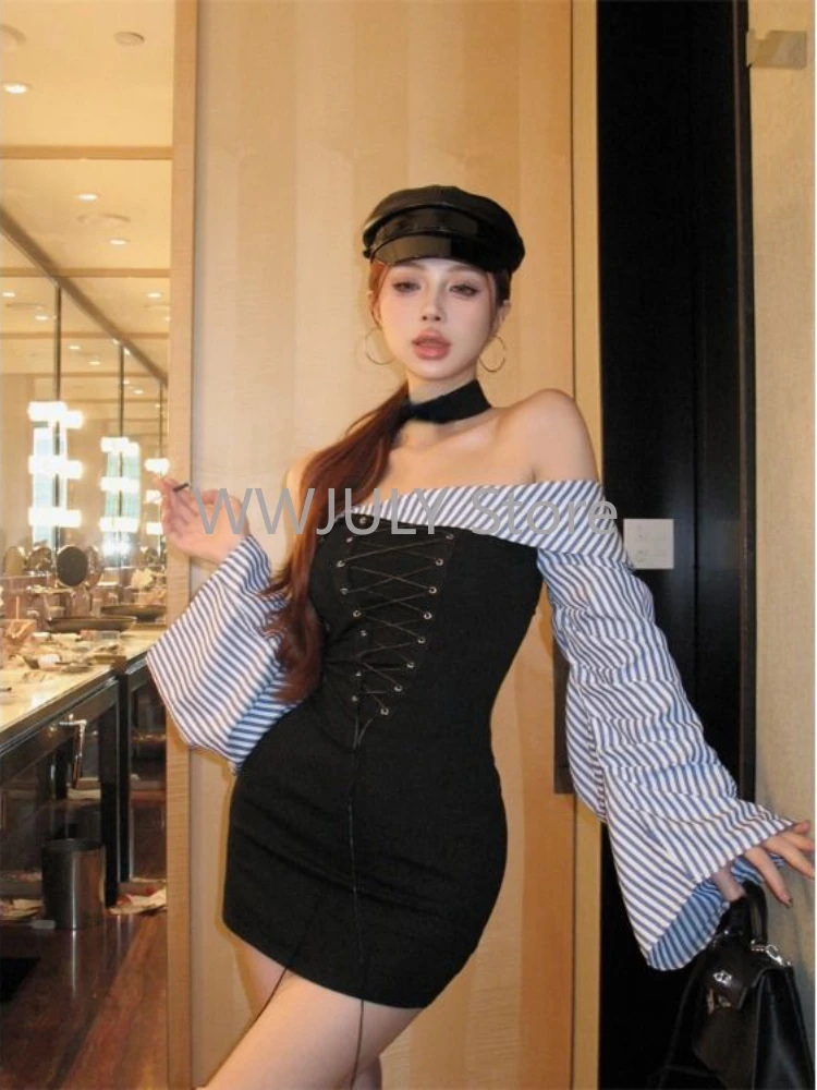 Woman  American Style Vintage Off Shoulder Lace Up Sexy Dress New Streetwear Casual Y2k Mini Dress Patchwork Fashion Slim Dress