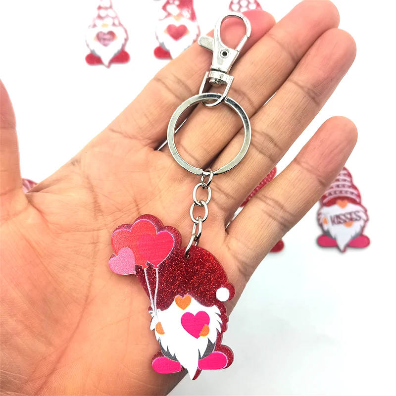 New Glitter Acrylic Valentine\'s Day Gnome Love Heart Keychain Cute Anime dwarf Bag Car Pendant Nurse Day Gift