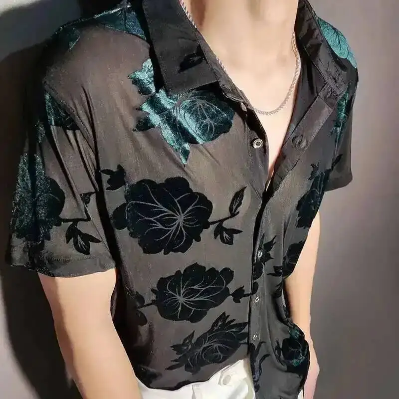 2023 Top Blouse Social Club Outfits Party Designer Shirt Fashion Velvet Flower Shirt Men Transparent Short Sleeve Sexy Shirt Red