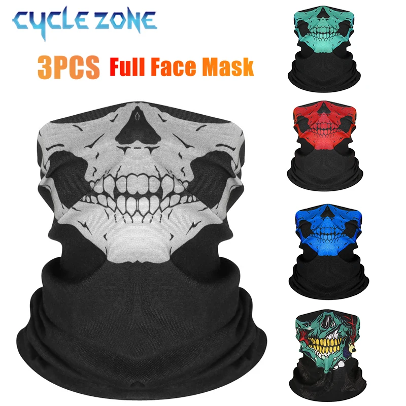 3PCS Bike Face Mask Bicycle Skull Wrap Scarf Motorcycle Mask Helmet Face Shield Washable Headband Breathable Cycling Equipment