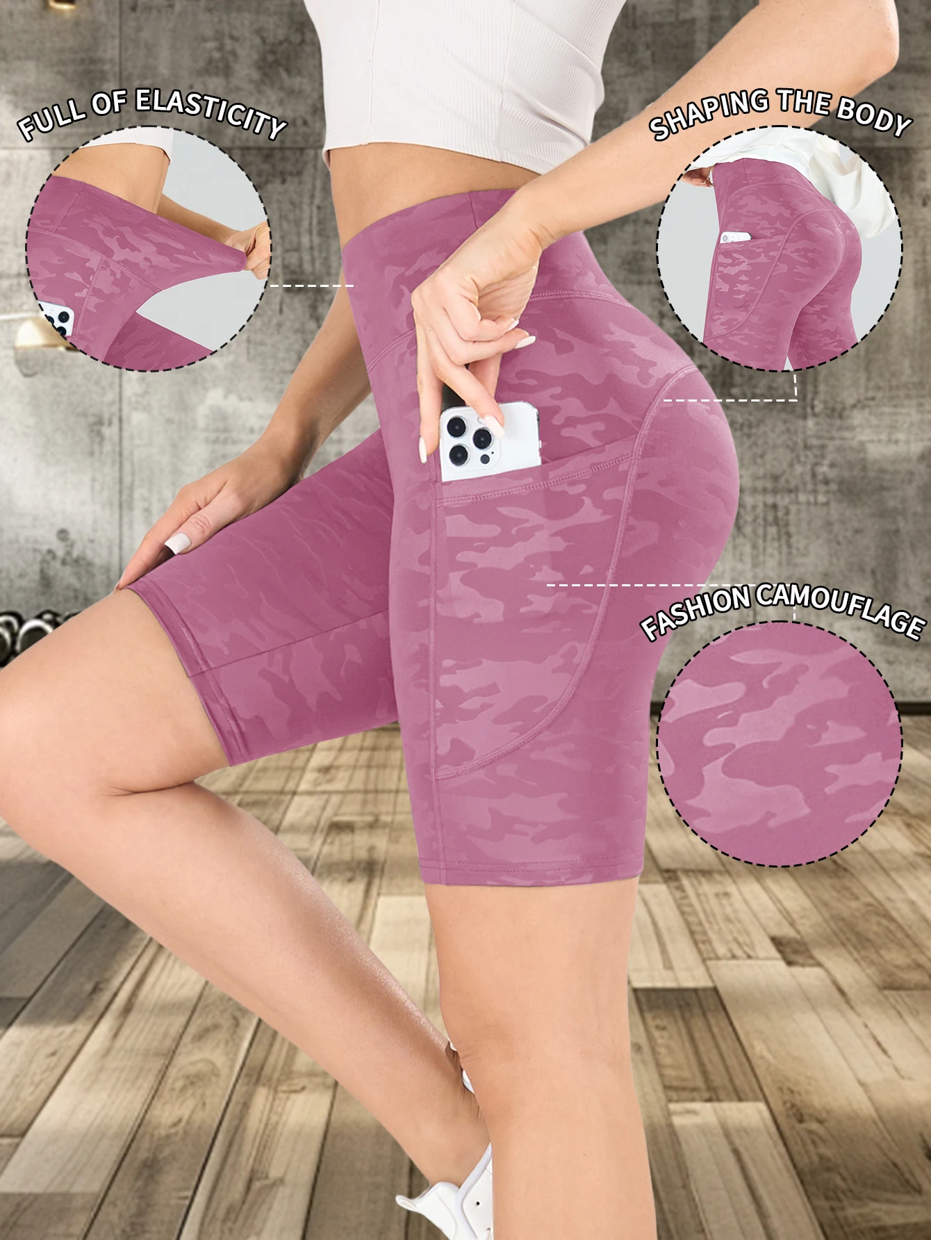 

1 пара женских шорт для йоги с камуфляжным принтом, компрессионные шорты с высокой талией и карманами, облегающие шорты для фитнеса