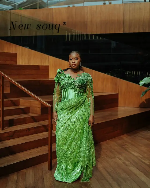 

Aso Ebi Plus Size Green Sheath Prom Dresses Flowers Crystals African Evening Formal Party Second Engagement Gowns Customized