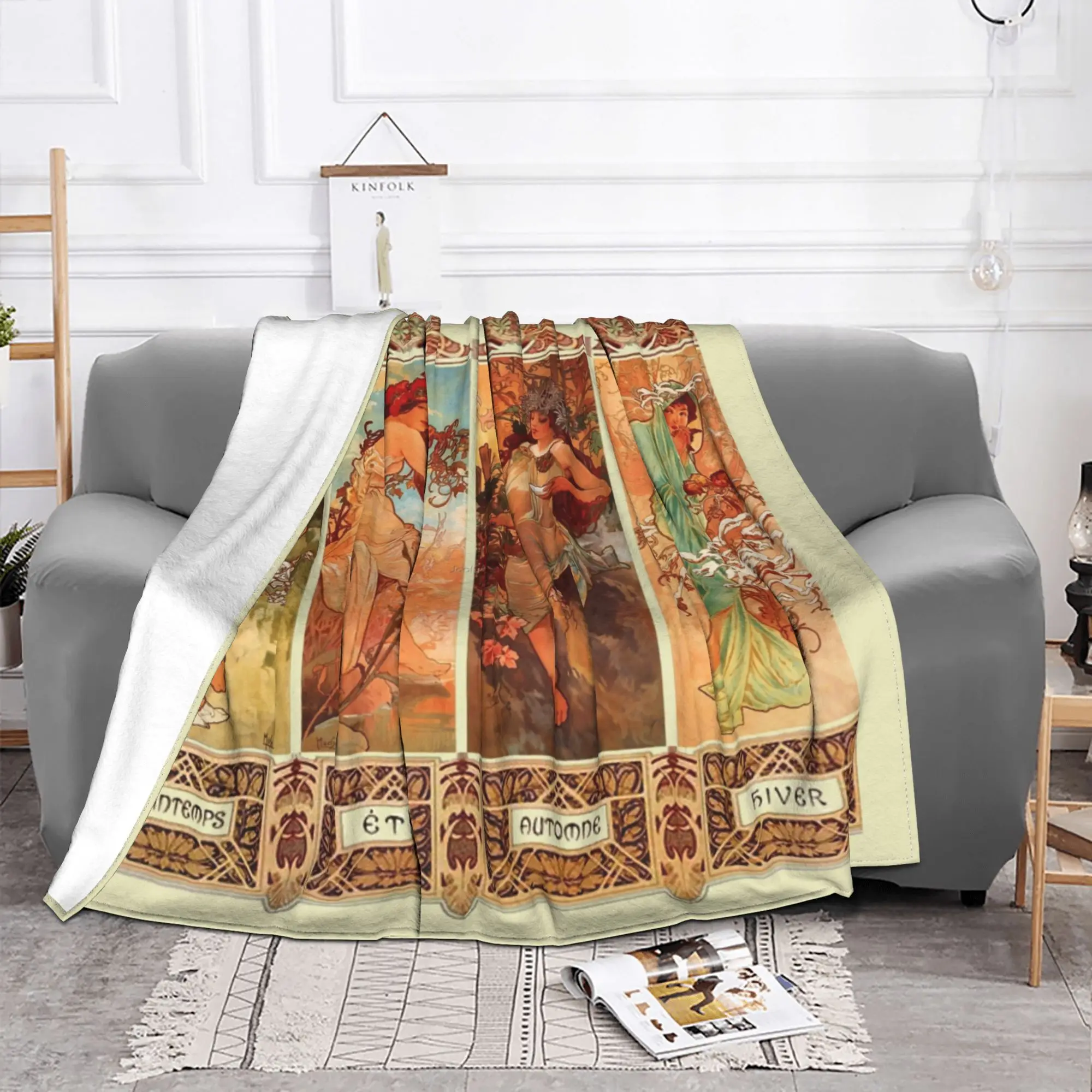 Alphonse Mucha Four Seasons Velvet Throw Blanket Vintage Beautiful Women Blankets for Bed Travel Ultra-Soft Bedspread
