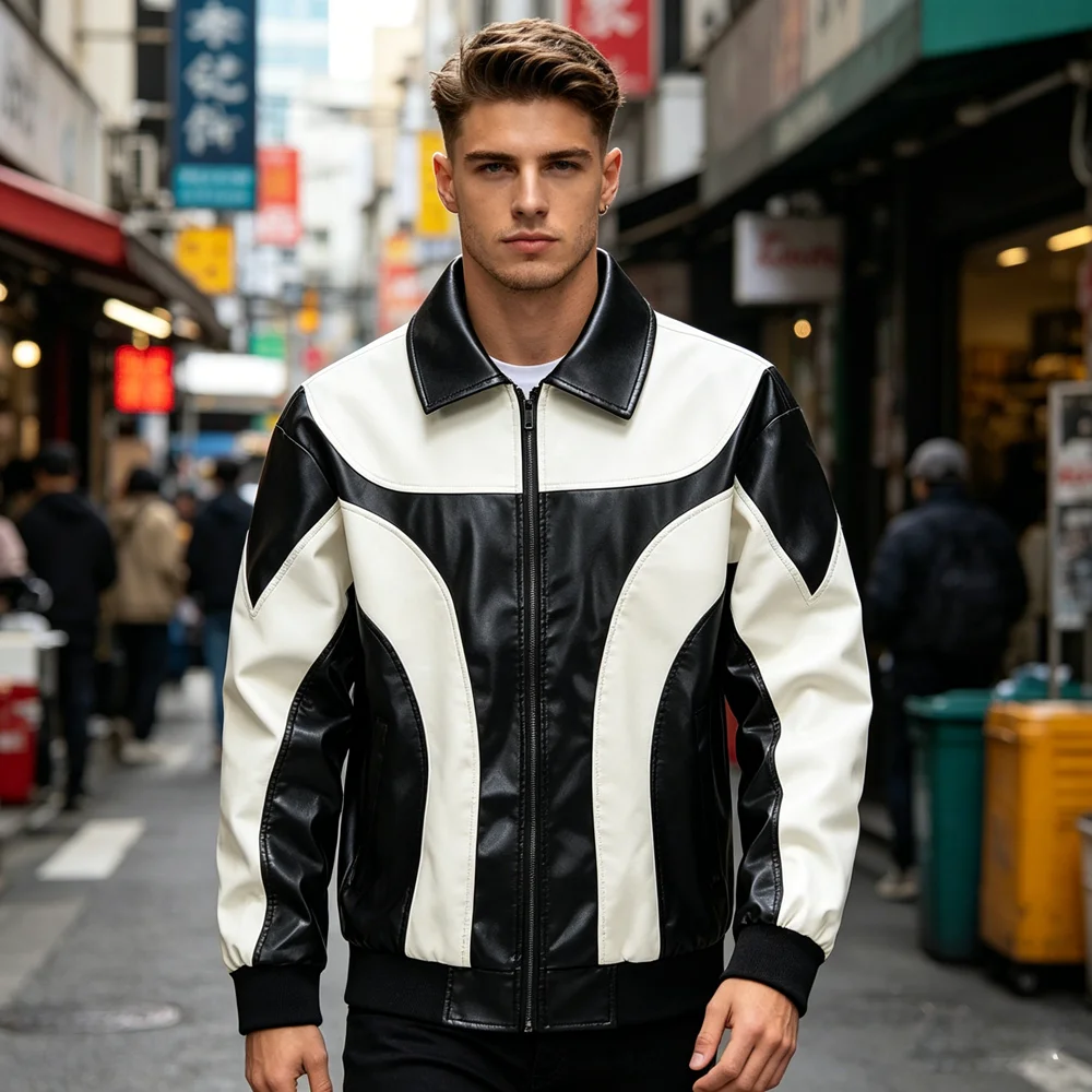 Spring Autumn Men's PU Leather Jackets Fashion Man Patchwork Streetwear Motorcycle Biker Coats Man Slim Fit Faux Leather Jackets
