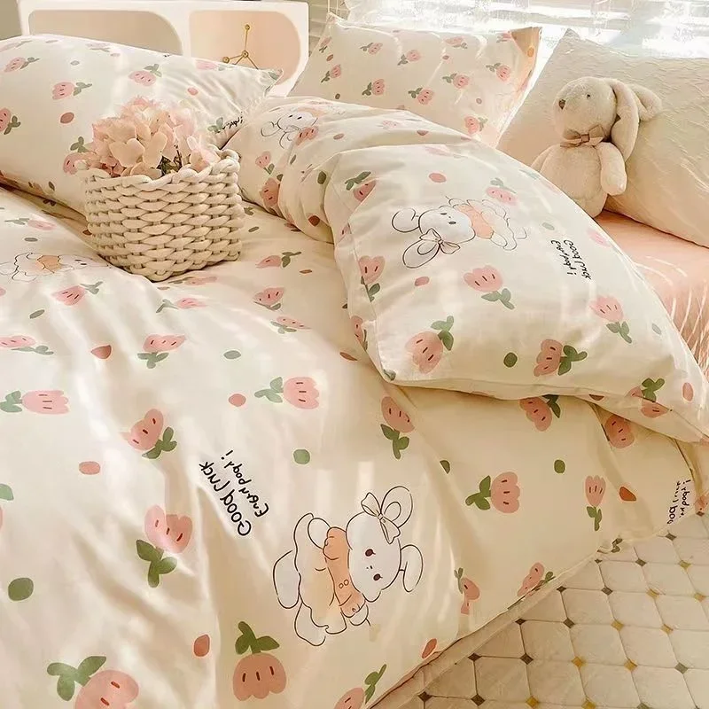 Ins Style Duvet Cover Set with Flat Sheet Pillowcases Cute Orange Cherry Crow Printed Single Double Queen Size Girls Bedding Kit