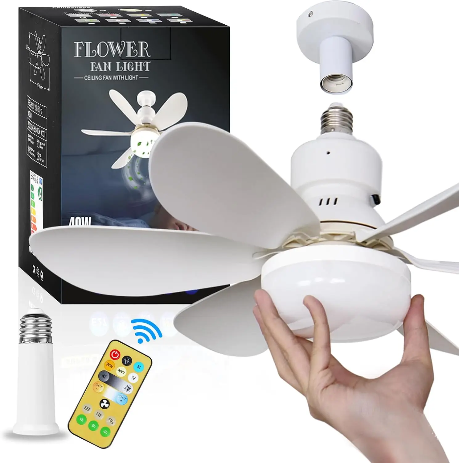 Small Ceiling Fan with Light: 40W LED Remote Control for Speed and Brightness E27 Base for Easy Installation in Bedroom or