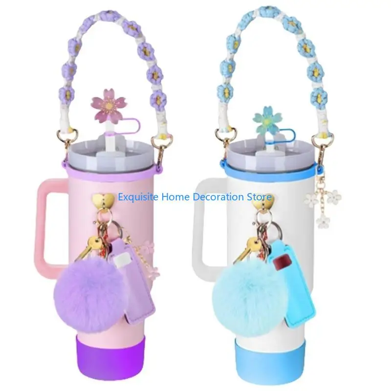 L5BF Delicate Cup Decors Set With Flower Accent Colorful Cup Accessory Set with Floral Decoration, Straw Seal & Holders