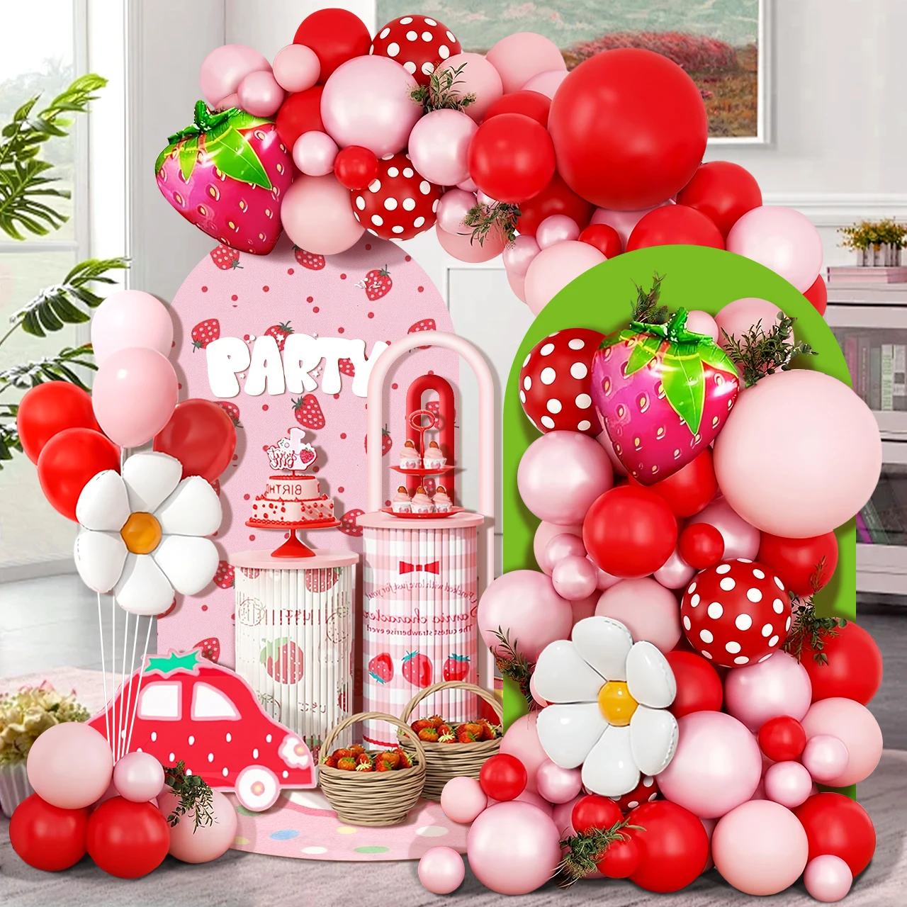 

103pcs Pink Strawberry Balloon Arched Wreath set with strawberry and Daisy foil balloons, pink red and polka dot balloons for be