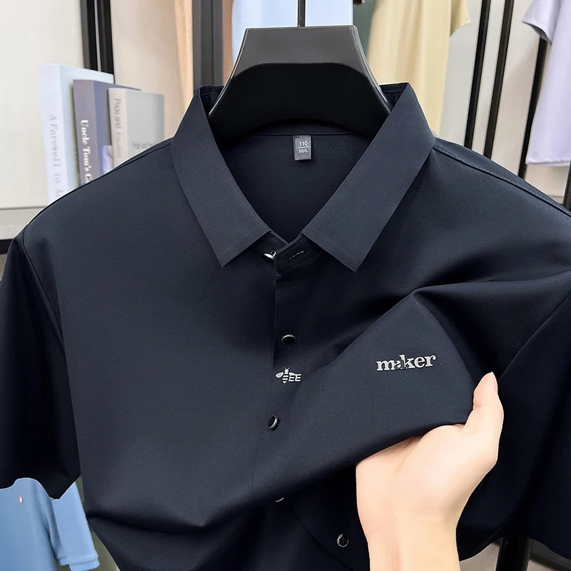 Fashion brand men's short sleeve shirt high-quality letter embossed ice silk breathable new luxury business casual summer top