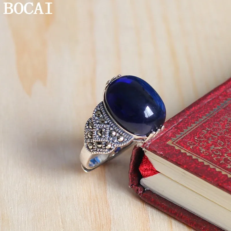 

Новое кольцо BOCAI S925 из стерлингового серебра с синим корундом в ретро-стиле, художественное, красивое, с открытым концом, женское