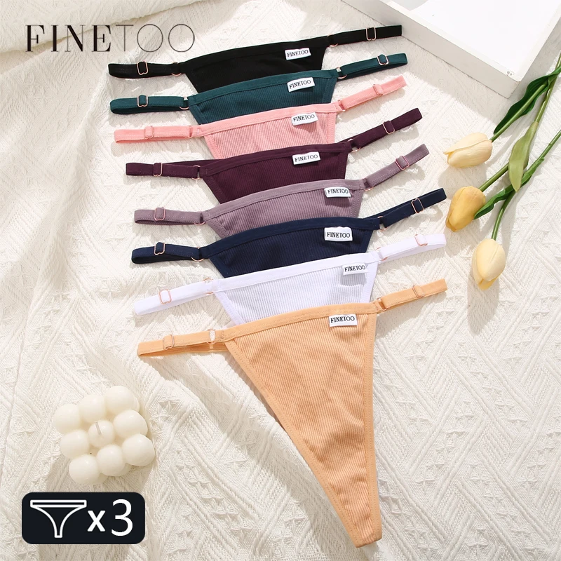 FINETOO 3PCS/Set Women Cotton Striped Thongs Sexy Adjustable Belt Panties Low Waist T-back Ladies Soft Bikini G-String Lingeries