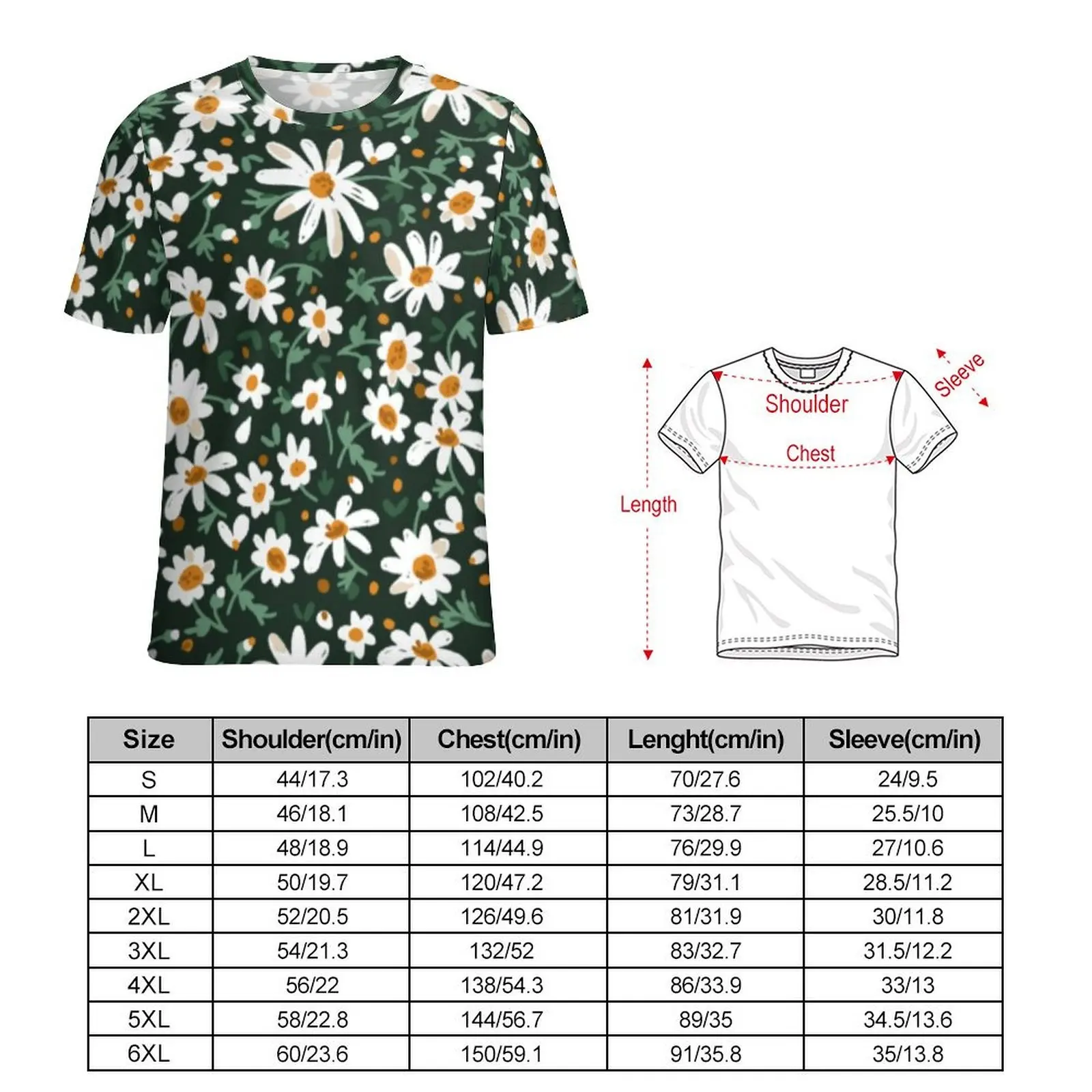 Plus Size T-Shirt Summer Elegant Daisy T-Shirts White Flower Print Kawaii O Neck Tshirt Men Novelty Design Clothing