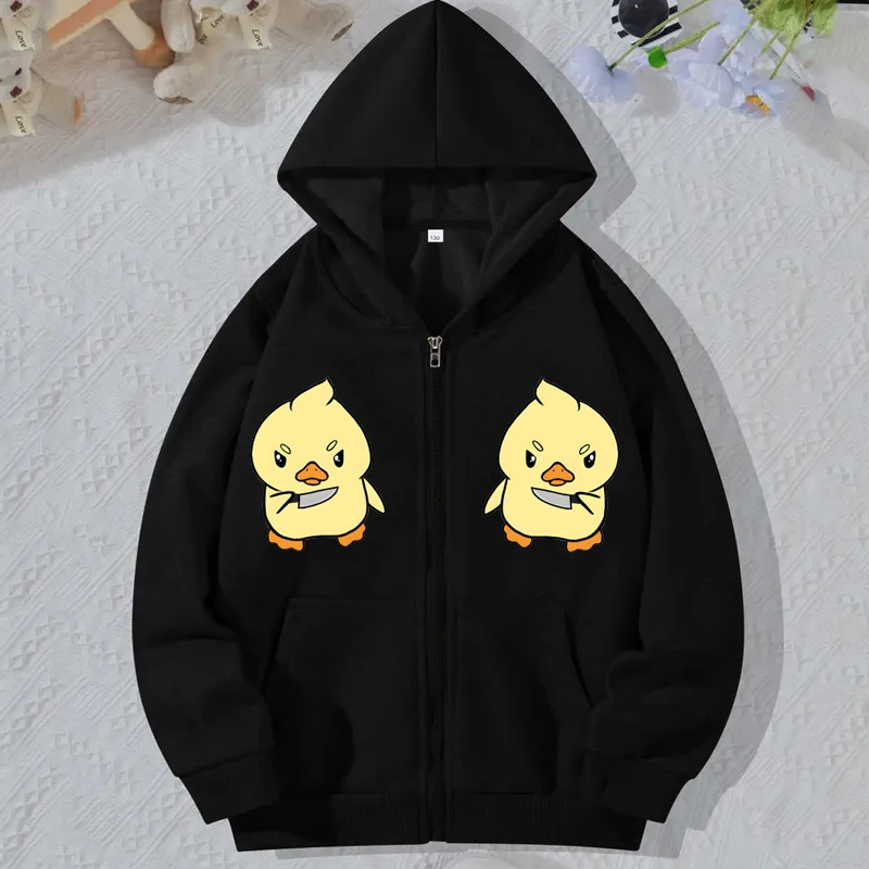 

Street Casual Hoody Harajuku Sweatshirts Fashion Streetwear Hooded Jacket Coat Angry Duck with Knife Anime Zip Up Women Hoodies