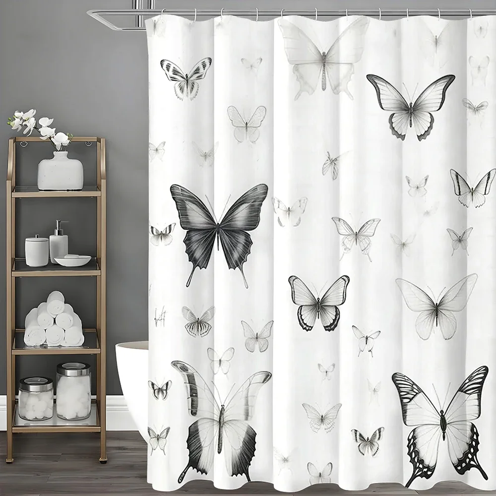 

Black and White Butterfly Shower Curtain, Bathroom Decorative Shower Curtain, Waterproof Shower Curtain with Hooks