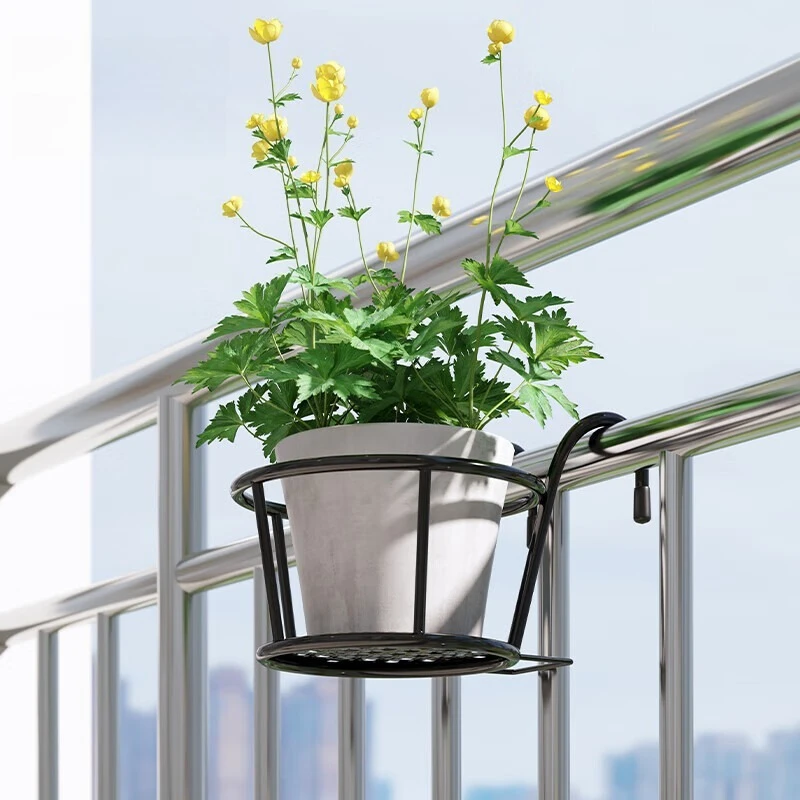 Iron Art Round Hanging Flower Pot Baskets Balcony Railing Fence Outdoor Window Bonsai Plant Stand Decorative Rack