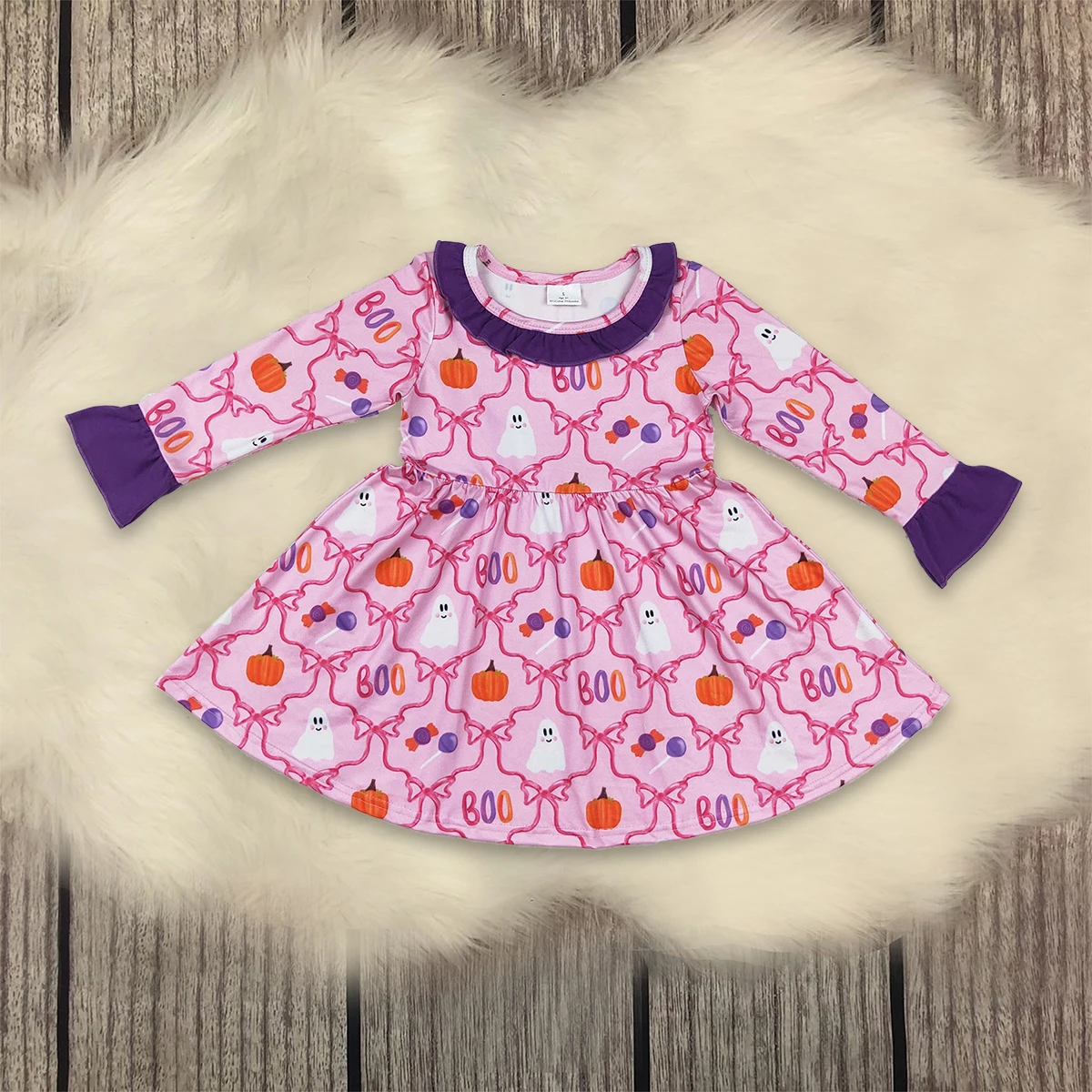

Baby Girl Children Halloween Dresses Fall Pink Bows Ghost Long Sleeve Kids Infant Toddler Knee Length Dress Clothes Wholesale