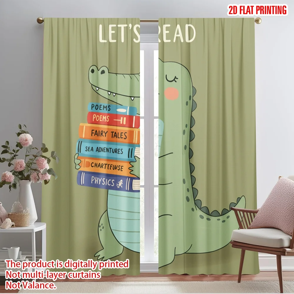 

2pcs 2D flat printing Window Curtains Let's Read Alligator Books Polyester Without Electricity All Season Party & Holiday Decor