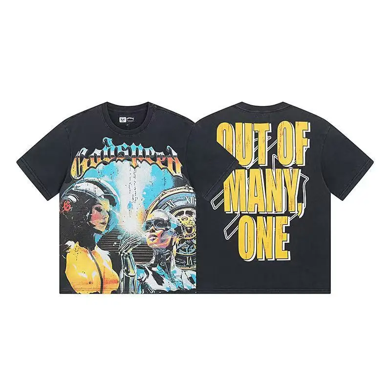 Godspeed Retro Washed Heavyweight Loose Fit Pure Cotton Short Sleeve T-Shirt Street Style Printed Youth Fashion City Walk Cas...
